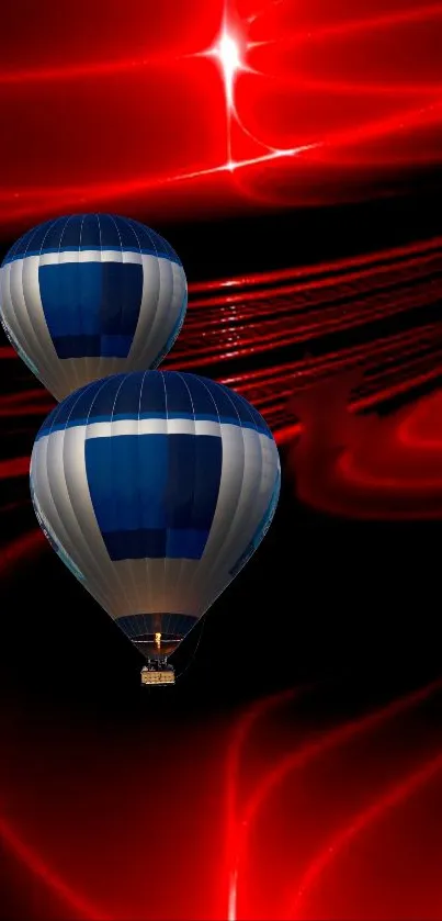 Hot air balloons floating against a vibrant red background with a glowing effect.