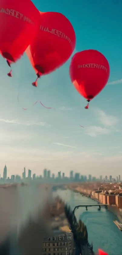 Red hot air balloons floating above cityscape and skyline.