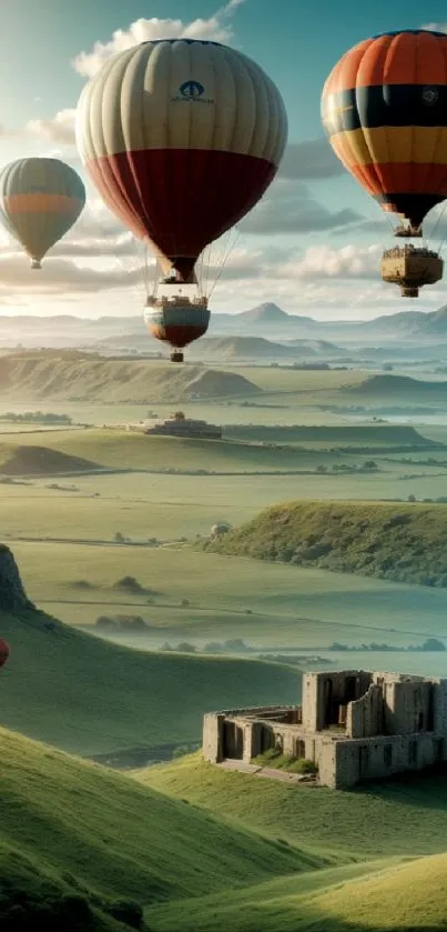 Hot air balloons float above lush green hills with ancient ruins.