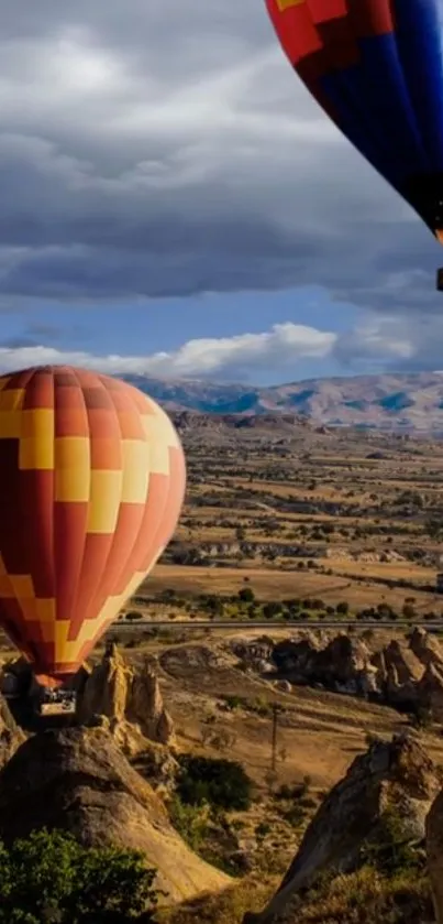 Hot air balloons soaring over scenic landscapes with vibrant colors.