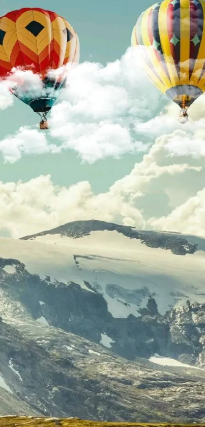 Colorful hot air balloons over snow-capped mountains and blue sky.