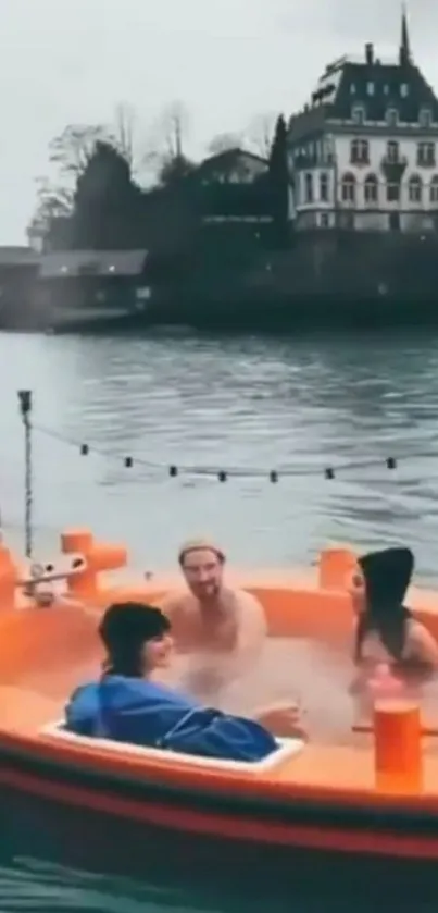 People enjoying a hot tub boat on a scenic lake.