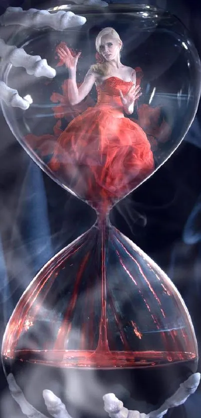 Gothic wallpaper featuring a woman in red dress inside an hourglass with dark tones.