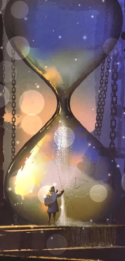 A mystical hourglass with a lone figure in a surreal art scene.