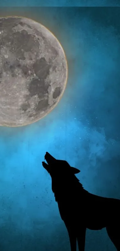 Silhouette of a wolf howling at the full moon in a blue night sky.