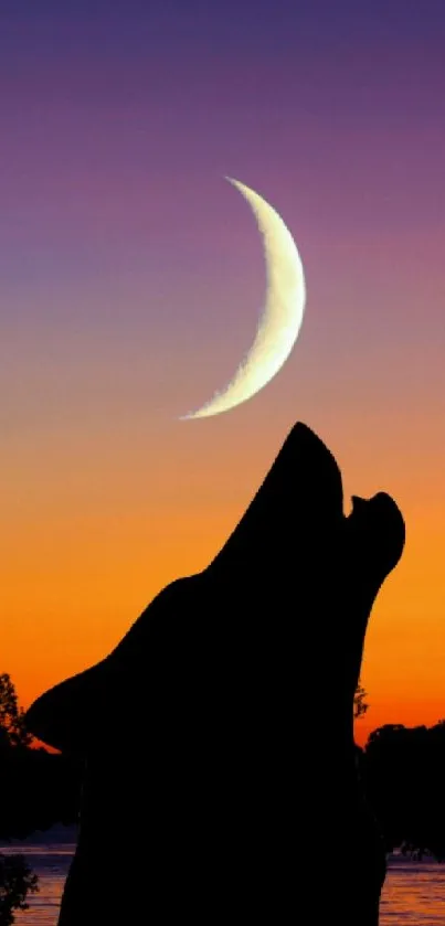 Silhouetted wolf howling at crescent moon with orange sunset backdrop.