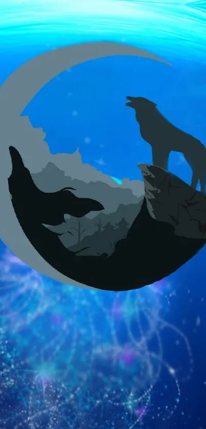 Silhouette of a wolf howling at a crescent moon on a blue background.