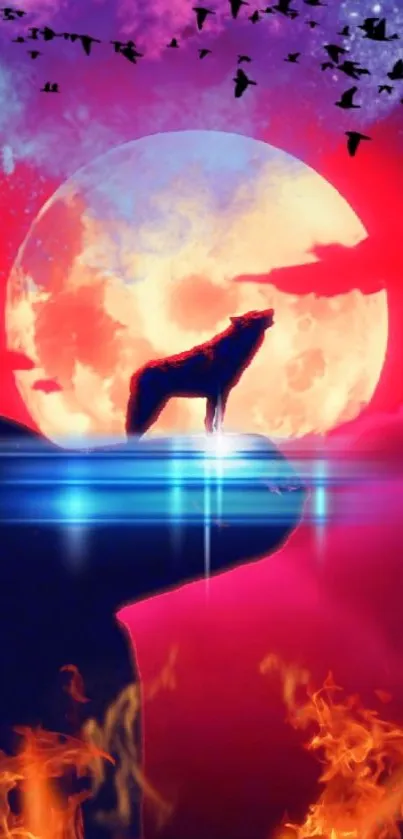 Silhouette of a wolf howling at a vivid moon with a colorful sky and fiery details.