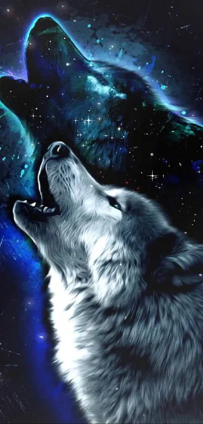 Howling wolf with cosmic background in blue hues.