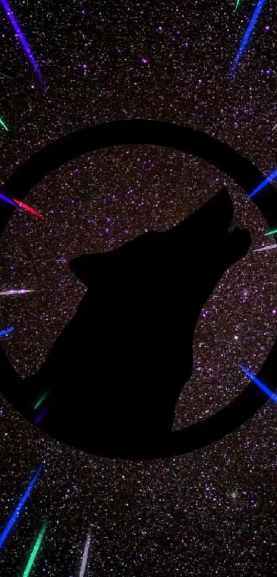 Silhouette of a wolf against a galaxy backdrop with stars and cosmic elements.