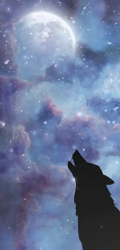 Silhouetted wolf howling at a cosmic galaxy backdrop.