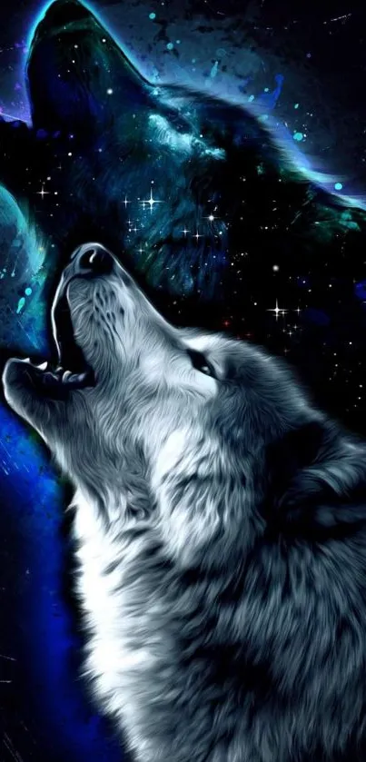 Howling wolf with galaxy background wallpaper.