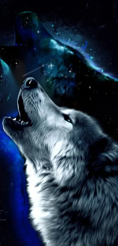 Howling wolf under a blue night sky wallpaper.