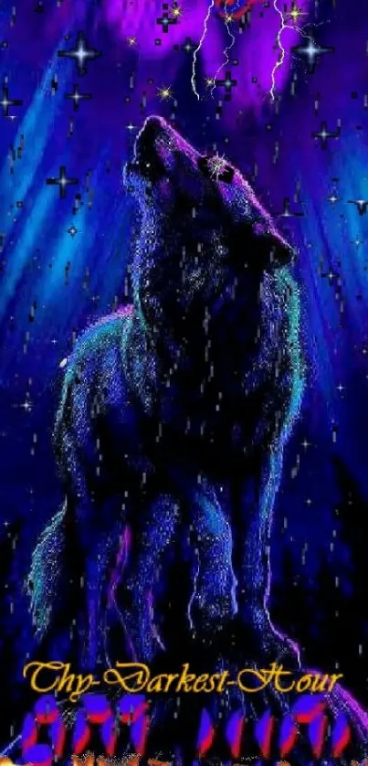 Silhouette of a wolf howling against a cosmic night sky.