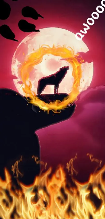 Silhouette of a wolf howling at a fiery moon against a crimson night sky.