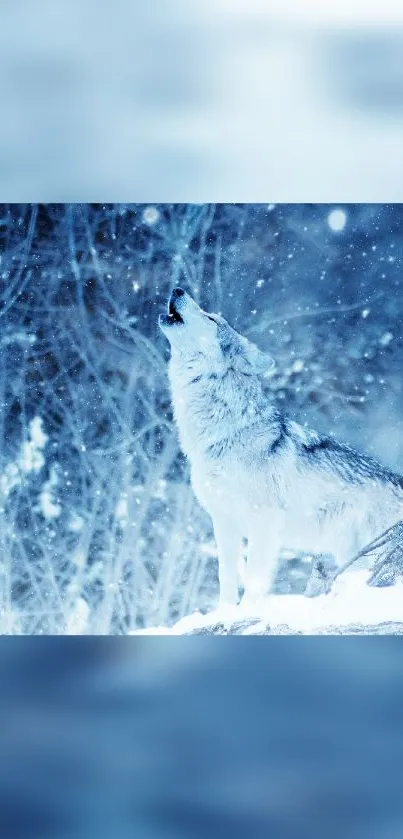 Majestic wolf howling in snowy forest.