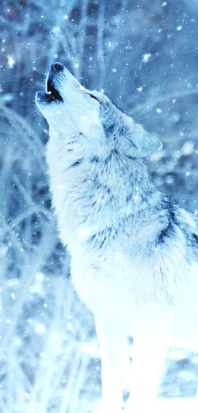 Wolf howling in a snowy forest under a starry night.