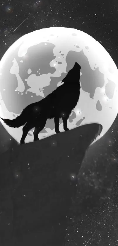 Silhouette of a wolf howling at a full moon with a starry night sky.