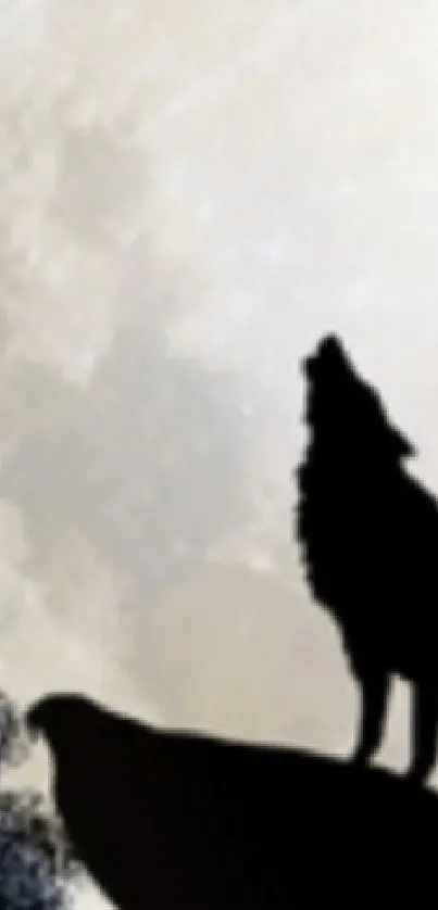 Wolf howling at the moon with a dark forest silhouette background.