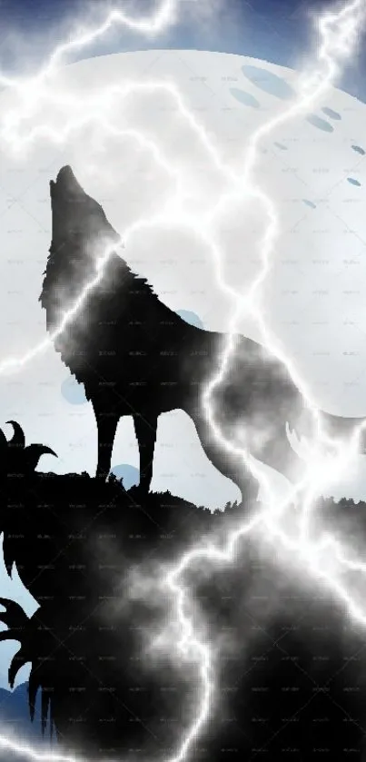 Silhouetted wolf howling at full moon with lightning striking the sky.