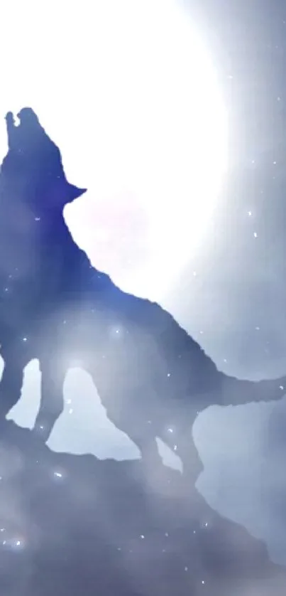 Silhouette of a howling wolf against a full moon in a misty night sky.