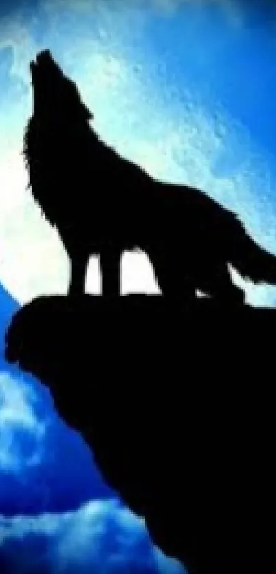 Silhouette of howling wolf against a blue moonlit sky wallpaper.