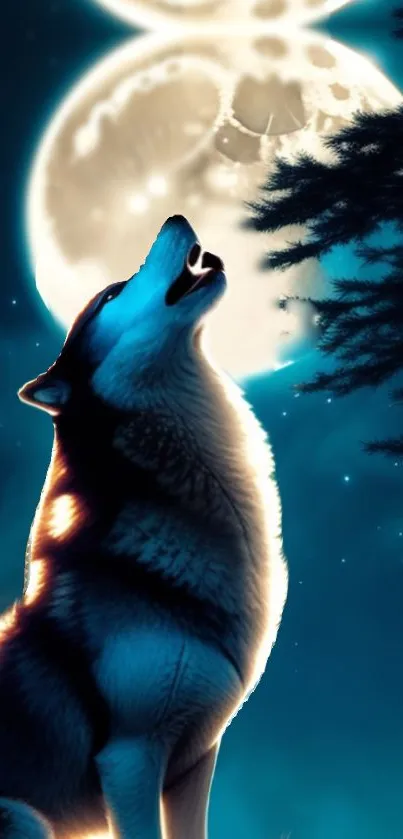 Wolf howling at moonlit night with forest silhouette.