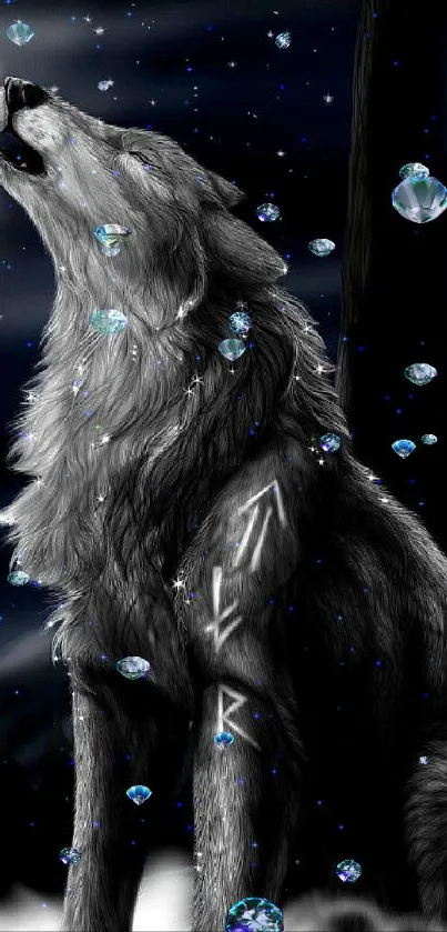 Howling wolf under a starry night sky.