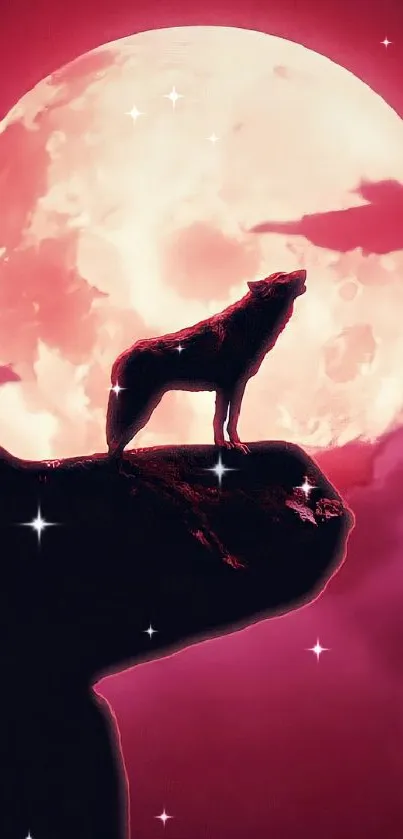 A lone wolf howling at a crimson moon, silhouetted against a nighttime sky.