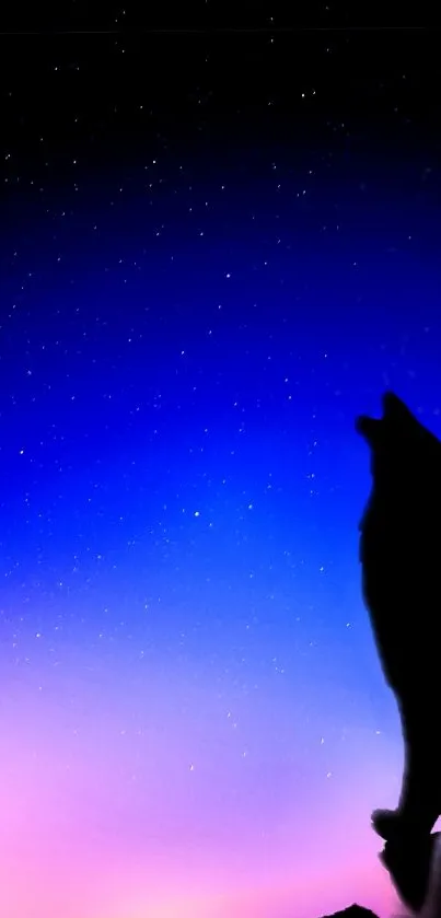 Silhouette of a howling wolf against a starry, blue to pink gradient night sky.