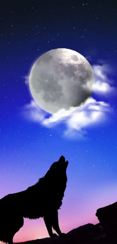 Silhouette of a wolf howling at the moon against a starry blue night sky.