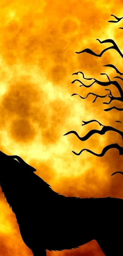 Howling wolf silhouette with orange moon and branches.