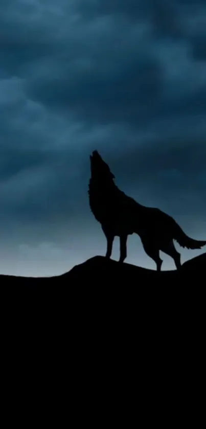 Howling wolf silhouette under a dark, cloudy night sky wallpaper.