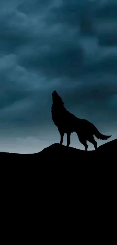 Silhouette of a wolf howling under a dark, cloudy night sky.