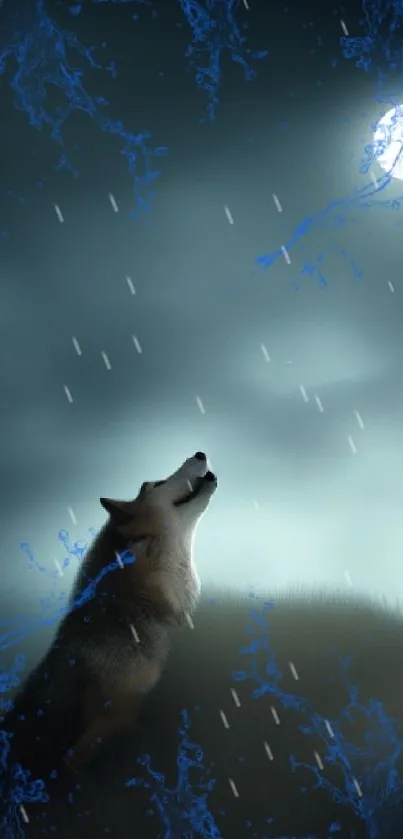 Wolf howling at the moon under a dark blue night sky.