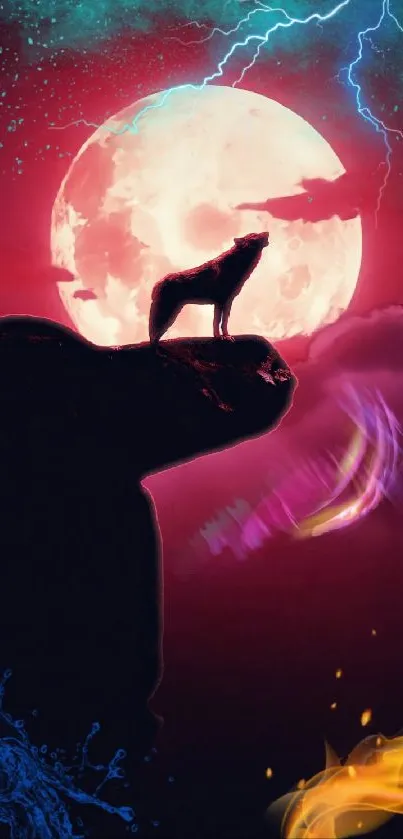 Silhouette of a wolf under a vivid moonlit sky with colorful elements.