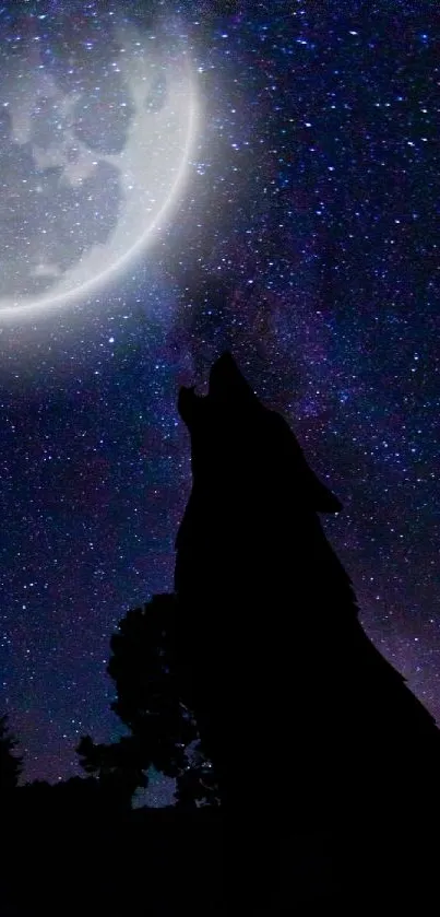 Silhouette of a wolf howling under a full moon and starry night sky.