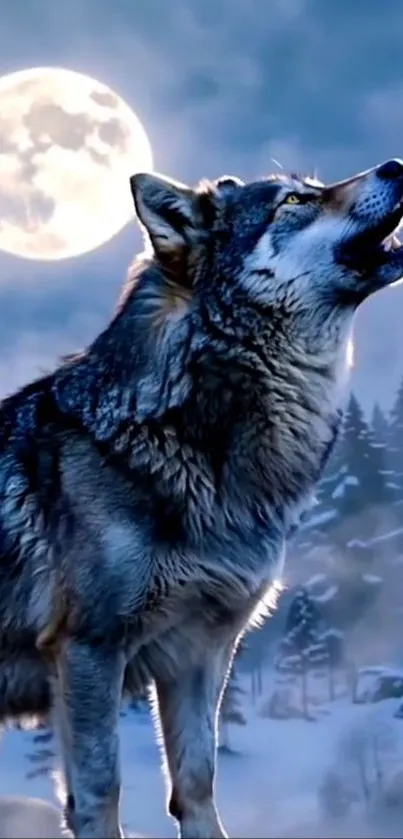 A wolf howling at the moon in a snowy forest.