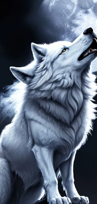 White wolf howling under a bright full moon.