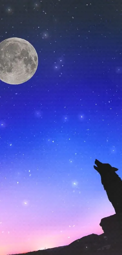 A wolf silhouette under a vibrant moonlit sky.