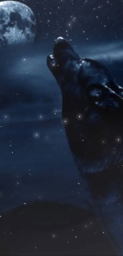 Wolf howling at the moon in a dark, starry sky.
