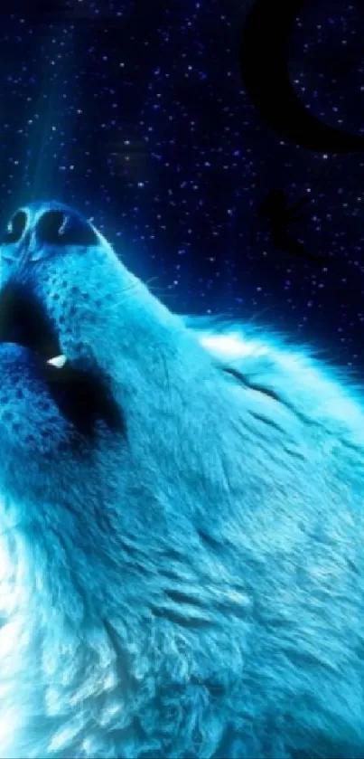 Wolf howling under a starry sky with a glowing blue aura.