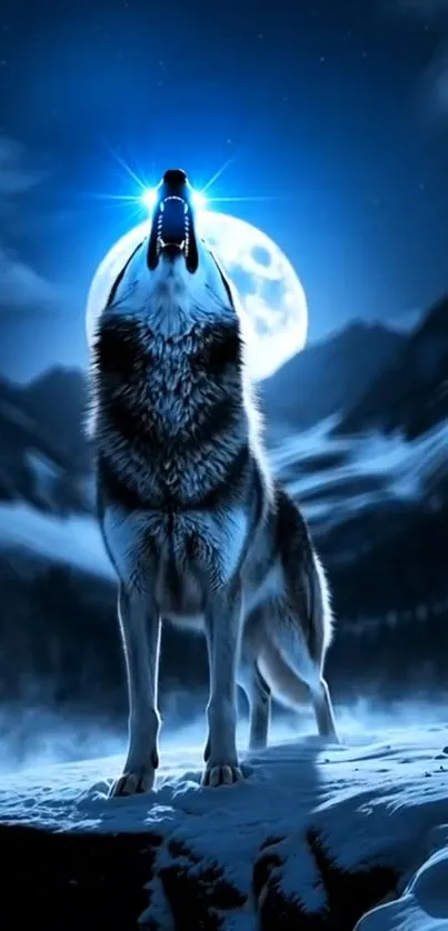 Wolf howling under a blue moonlit sky.