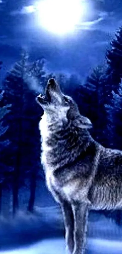 Wolf howling beneath the moon in a dark forest scene mobile wallpaper.