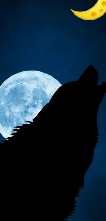 Wolf silhouette against full moon with crescent moon in dark blue night sky.