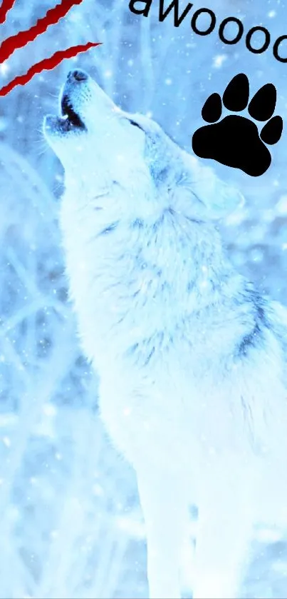 Howling wolf with paw prints in a snowy blue background.