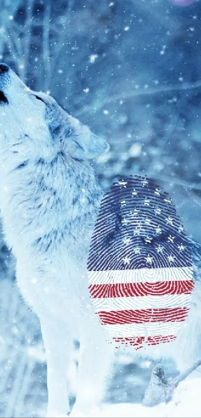 Wolf howling in snowy forest with USA flag design.
