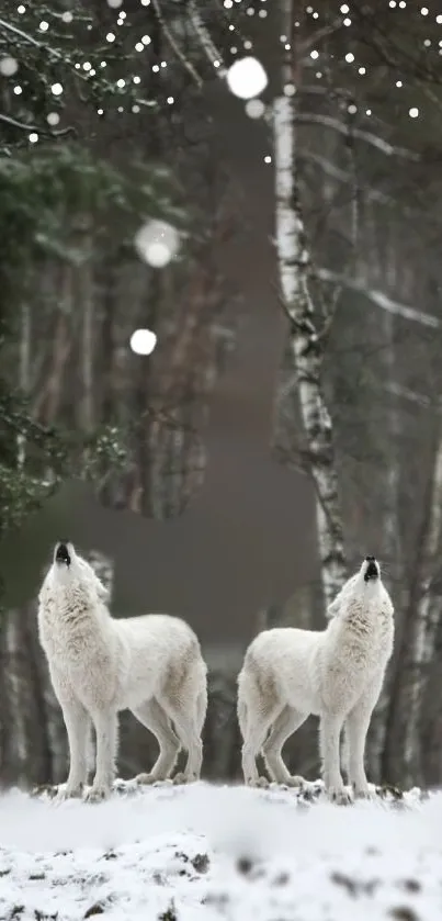 Two wolves howling in a snowy forest.