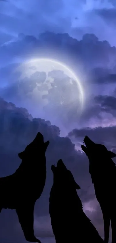 Silhouettes of wolves howling at moon in a stormy night sky.