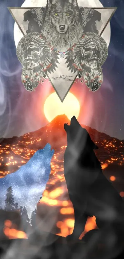 Silhouette of howling wolves under a mystical moonlit sky with artistic elements.